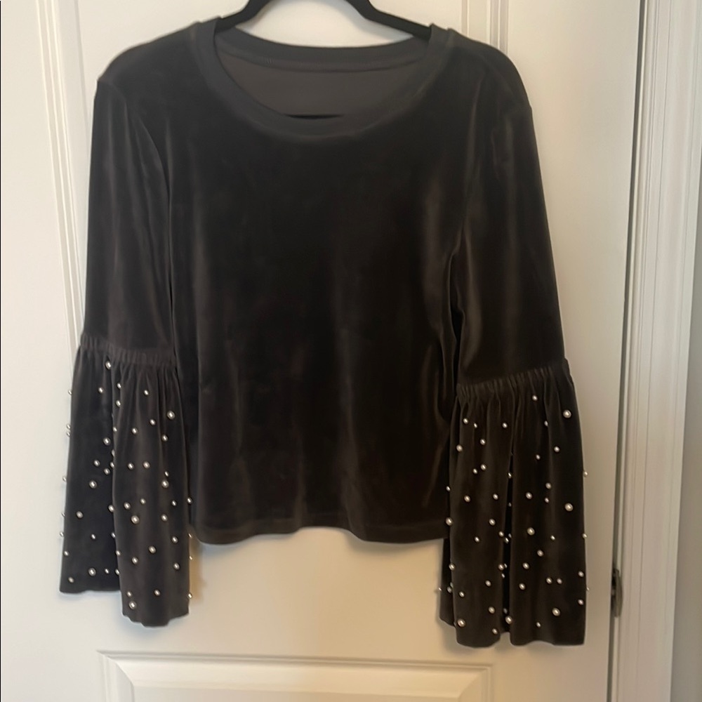 Pearl-Embellished Black Velvet Top